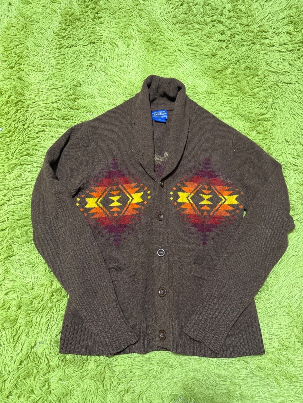 Pendleton Wool Shawl-Collar Cardigan Aztec Sweater Size Medium Brown